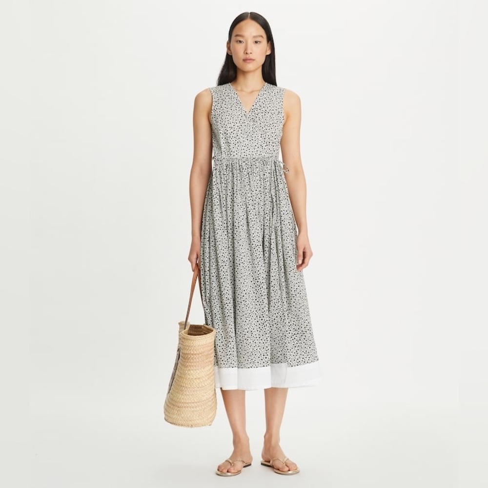 NWT $448 Tory Burch Printed Cotton Wrap Dress In Tory Navy Tea Ditsy